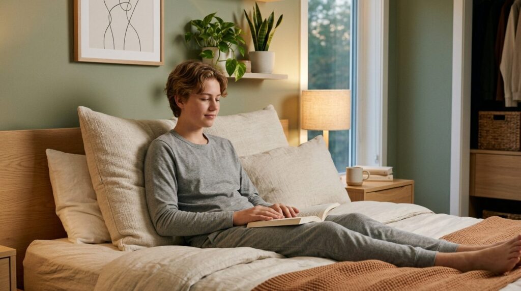 Kvinde i komfortabelt loungewear står foran et vindue med naturligt dagslys.